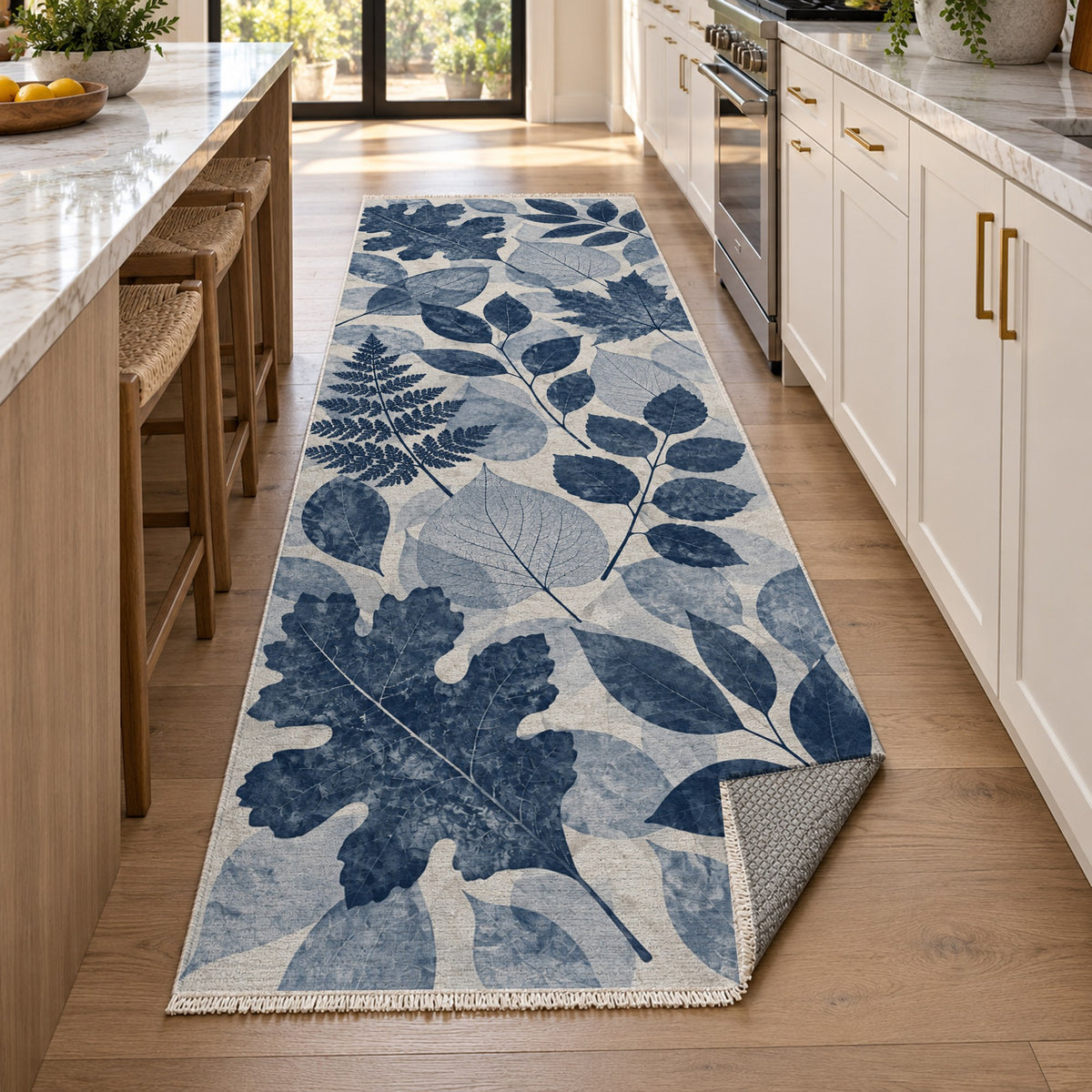 Leaf Impressions Indigo Floral Washable Rug — new york kitchen runner