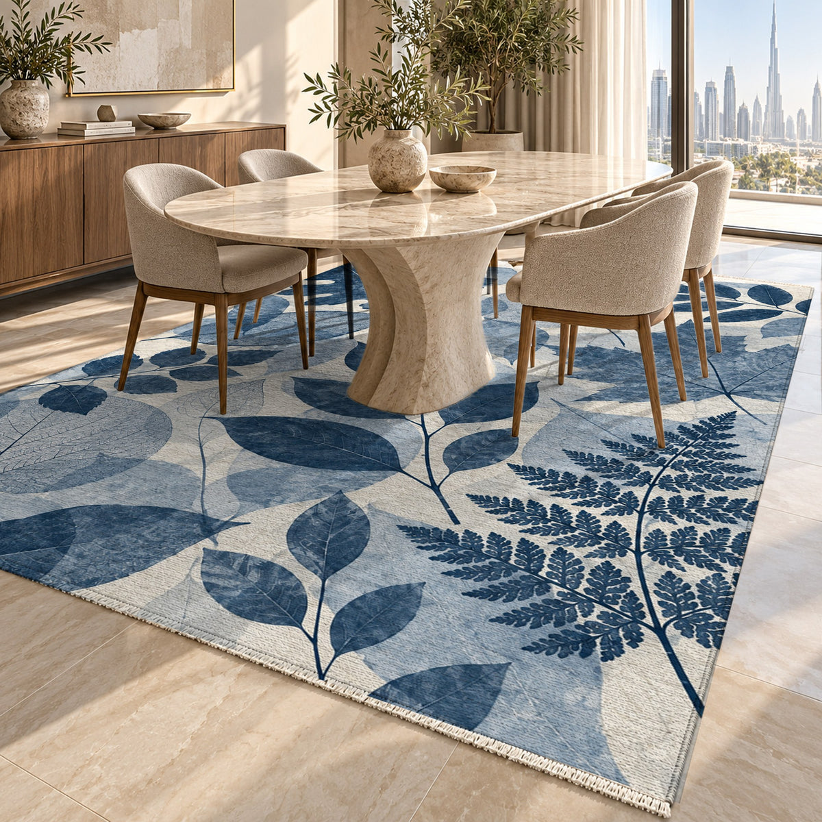 Leaf Impressions Indigo Floral Washable Rug — dubai dining