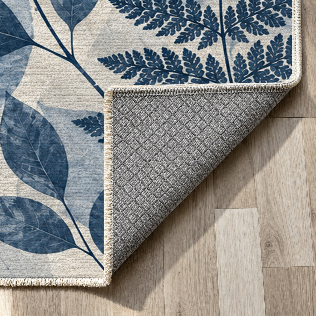 Leaf Impressions Indigo Floral Washable Rug — backing close up