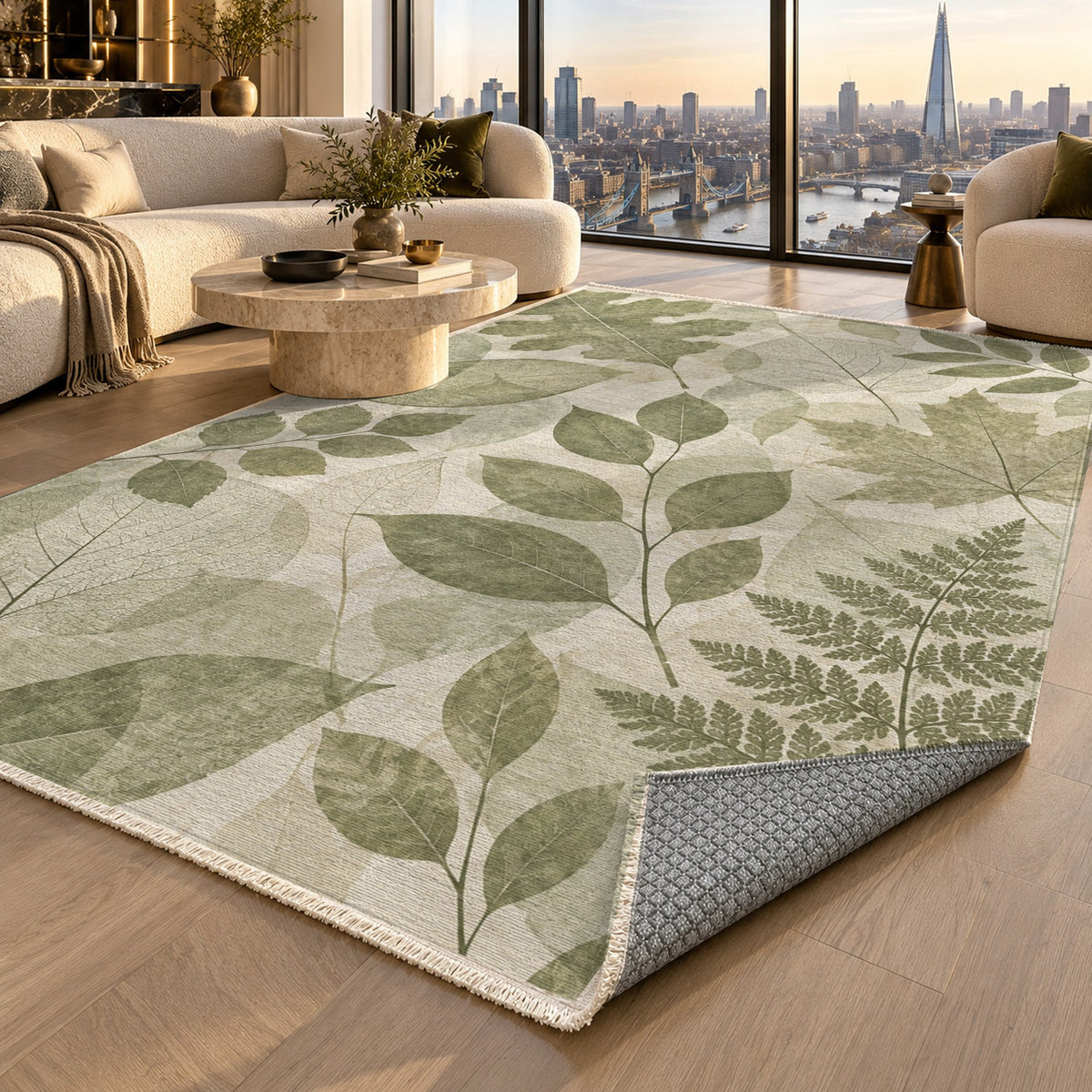 Leaf Impressions Sage Floral Washable Rug — london luxury living