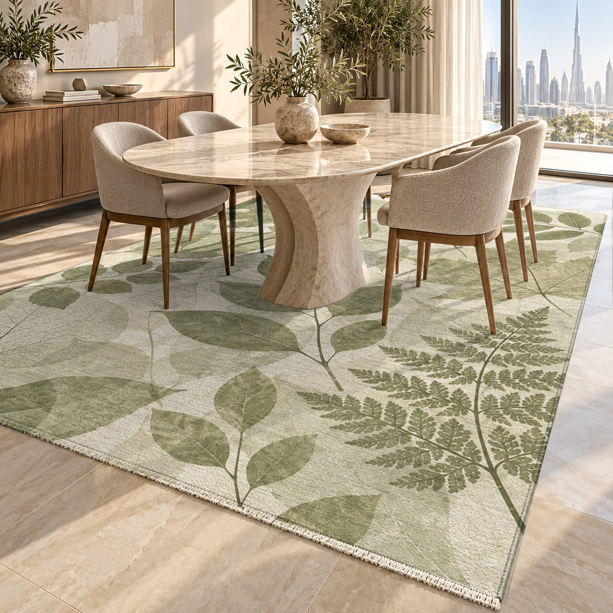 Leaf Impressions Sage Floral Washable Rug — dubai dining