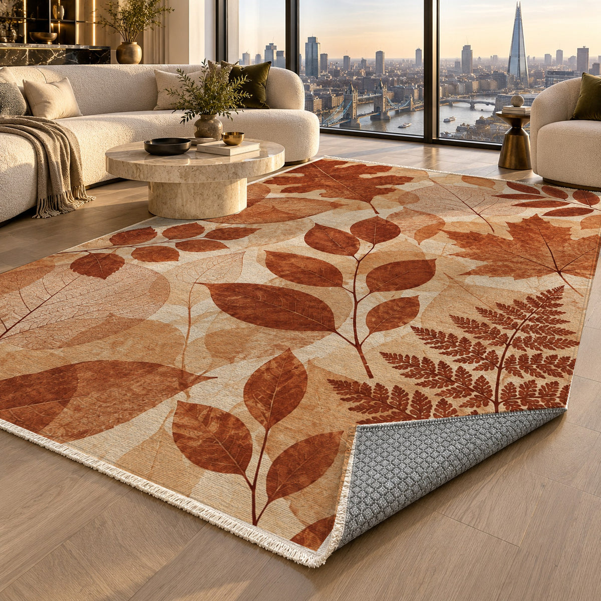Leaf Impressions Terracotta Floral Washable Rug — london luxury living