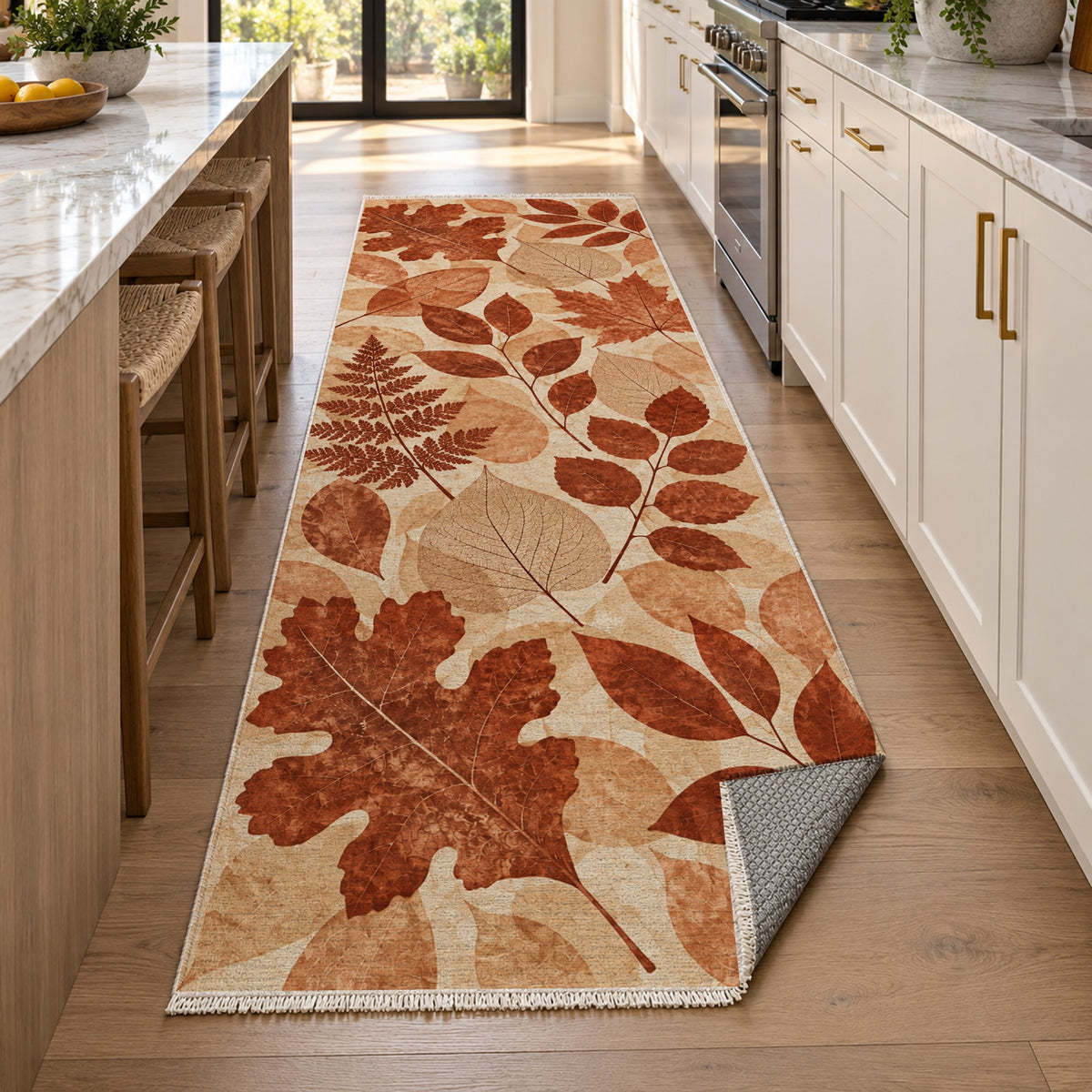 Leaf Impressions Terracotta Floral Washable Rug — new york kitchen runner