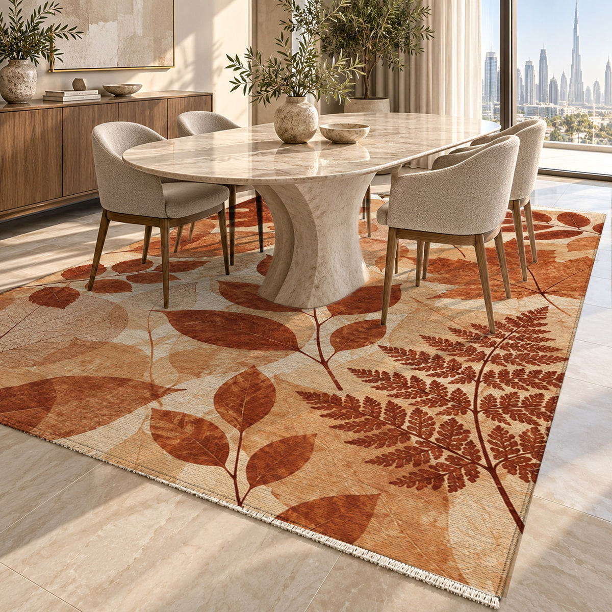 Leaf Impressions Terracotta Floral Washable Rug — dubai dining