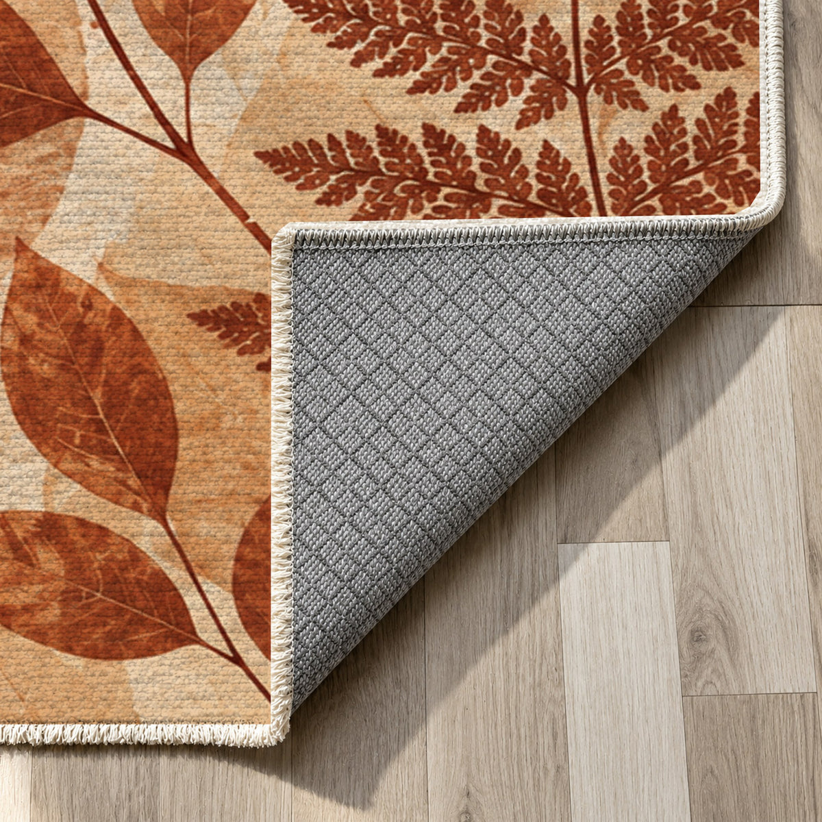 Leaf Impressions Terracotta Floral Washable Rug — backing close up