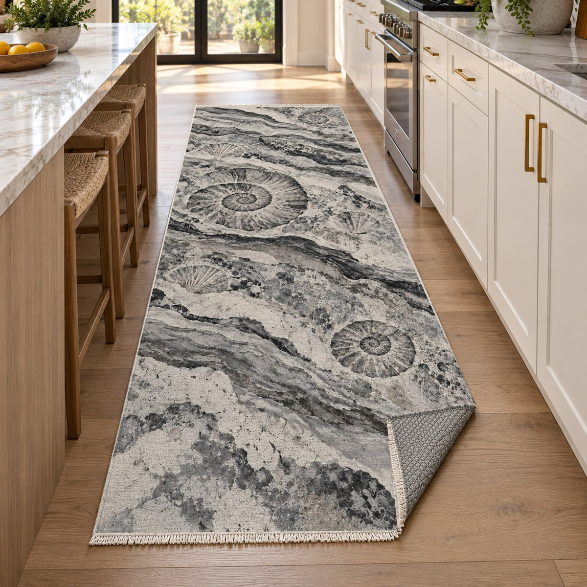 Limestone Fossils Charcoal Abstract Washable Rug — new york kitchen runner