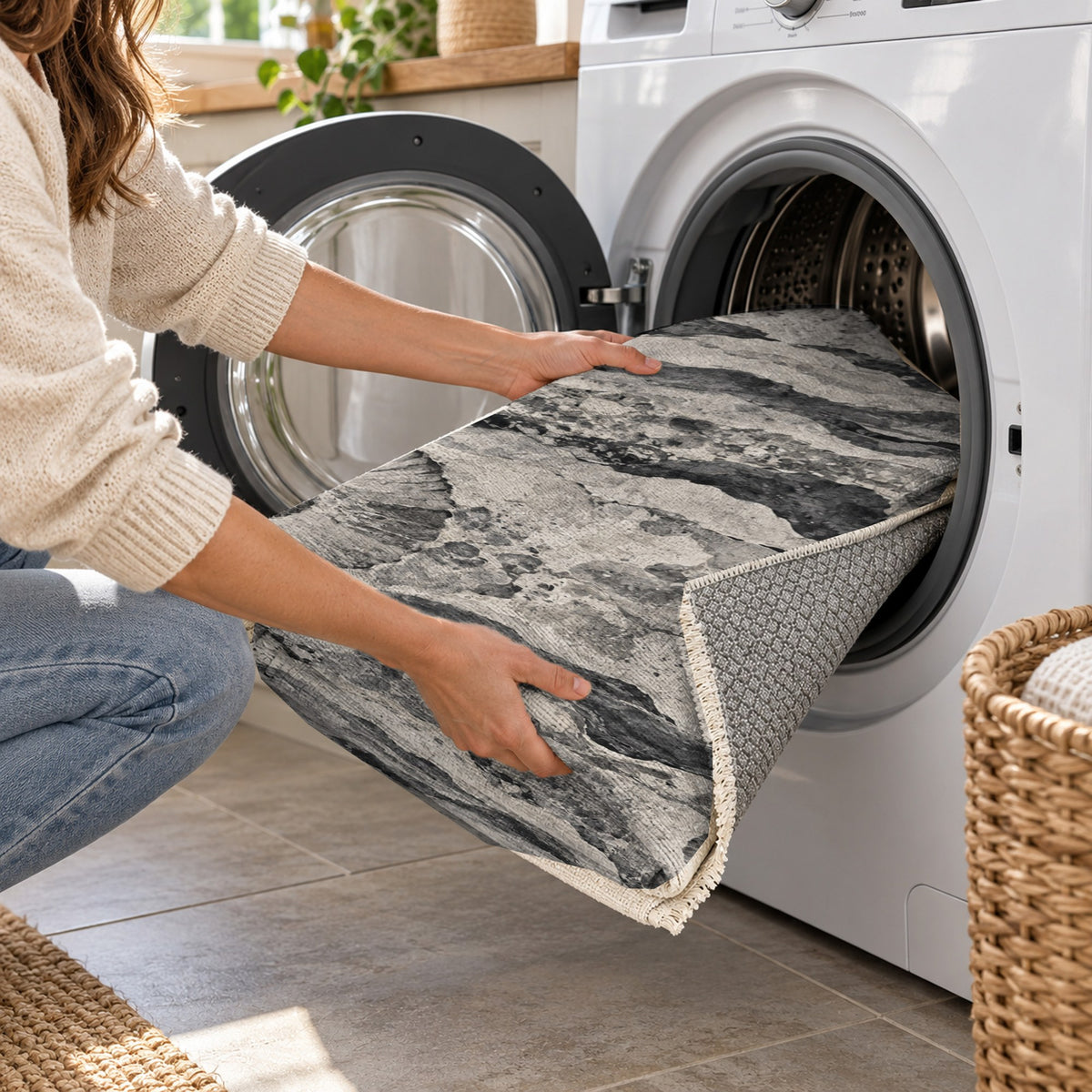 Limestone Fossils Charcoal Abstract Washable Rug — washing machine