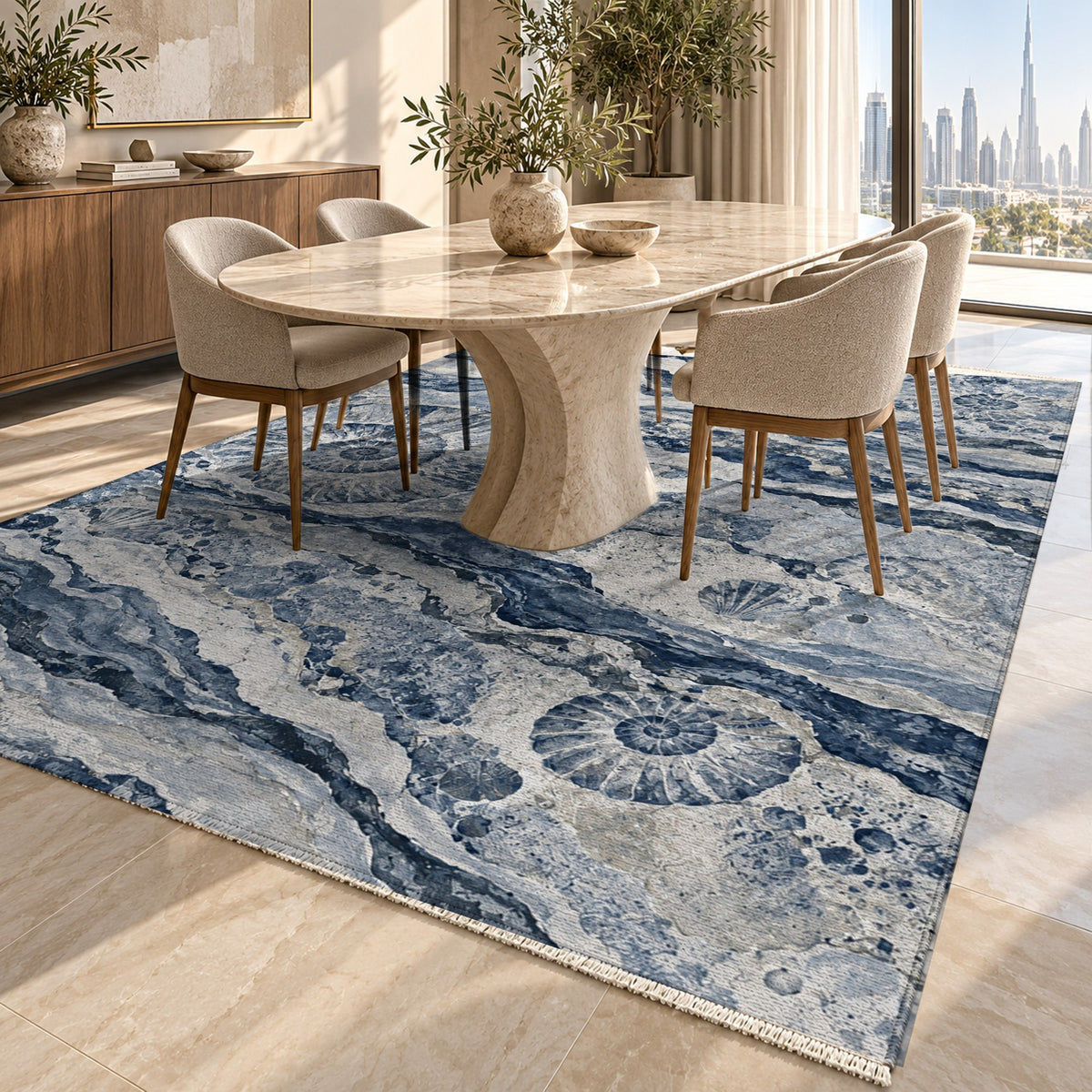 Limestone Fossils Indigo Abstract Washable Rug — dubai dining