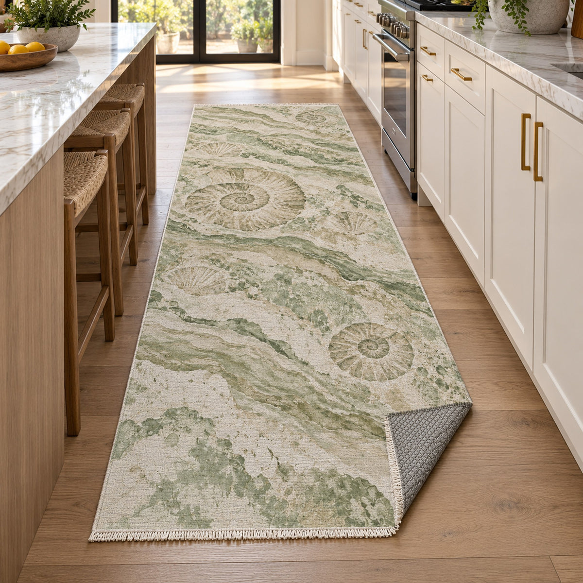Limestone Fossils Sage Abstract Washable Rug — new york kitchen runner