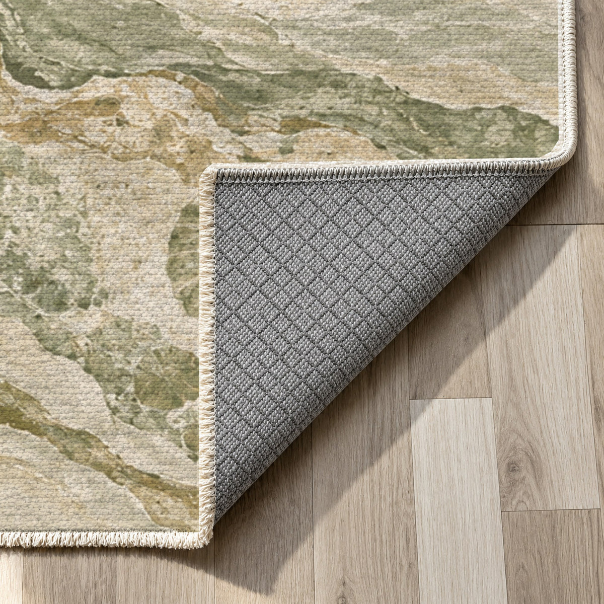 Limestone Fossils Sage Abstract Washable Rug — backing close up