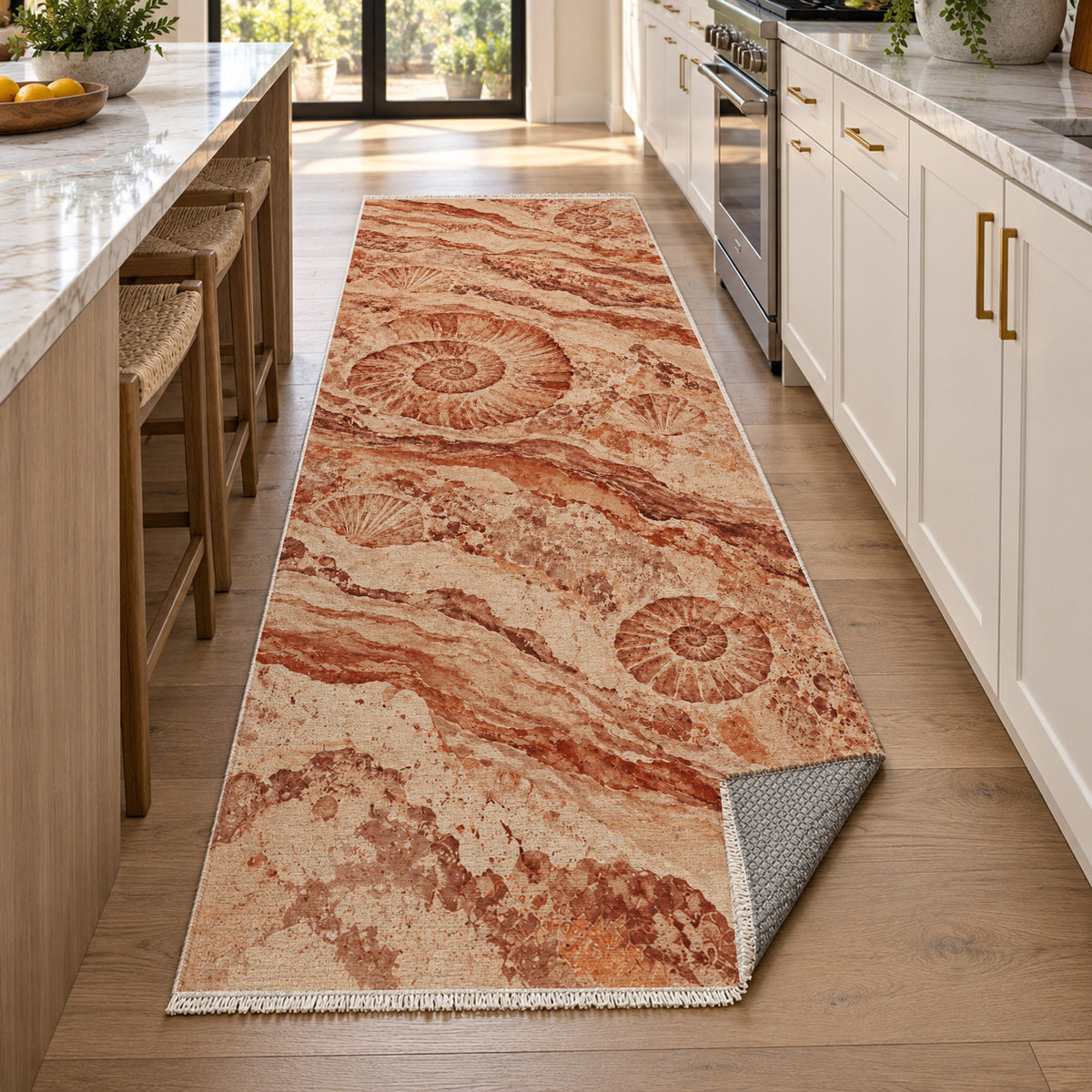 Limestone Fossils Terracotta Abstract Washable Rug — new york kitchen runner