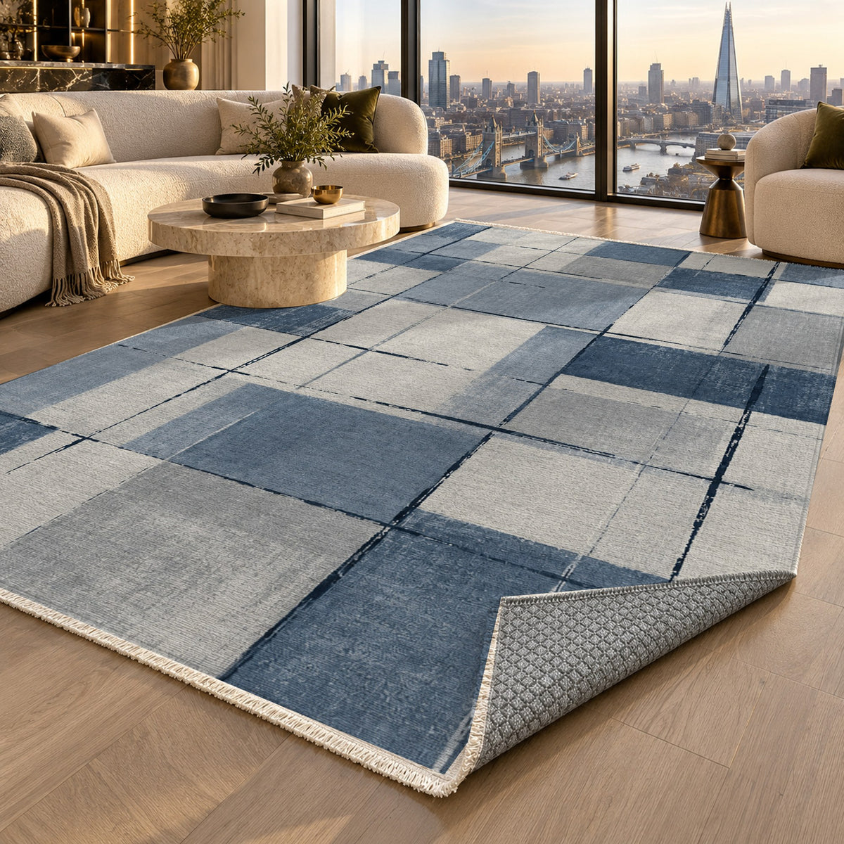 Linen Grid Blue Grey Modern Washable Rug — london luxury living