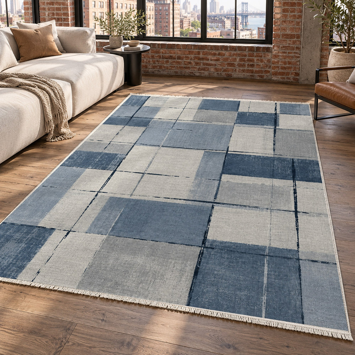 Linen Grid Blue Grey Modern Washable Rug — new york living