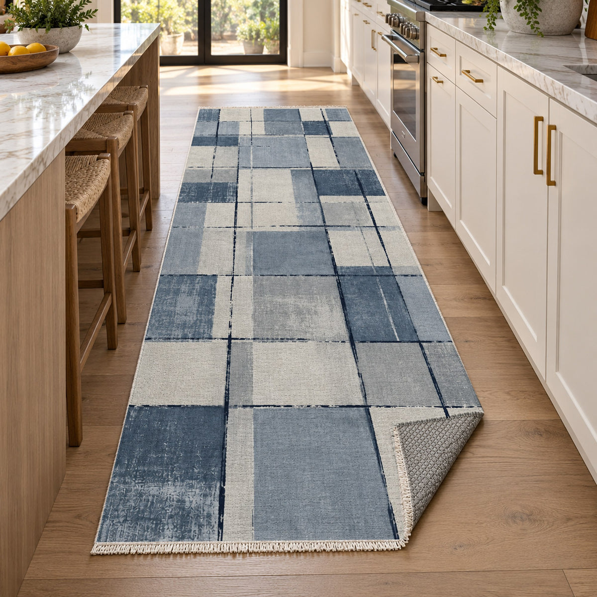 Linen Grid Blue Grey Modern Washable Rug — new york kitchen runner