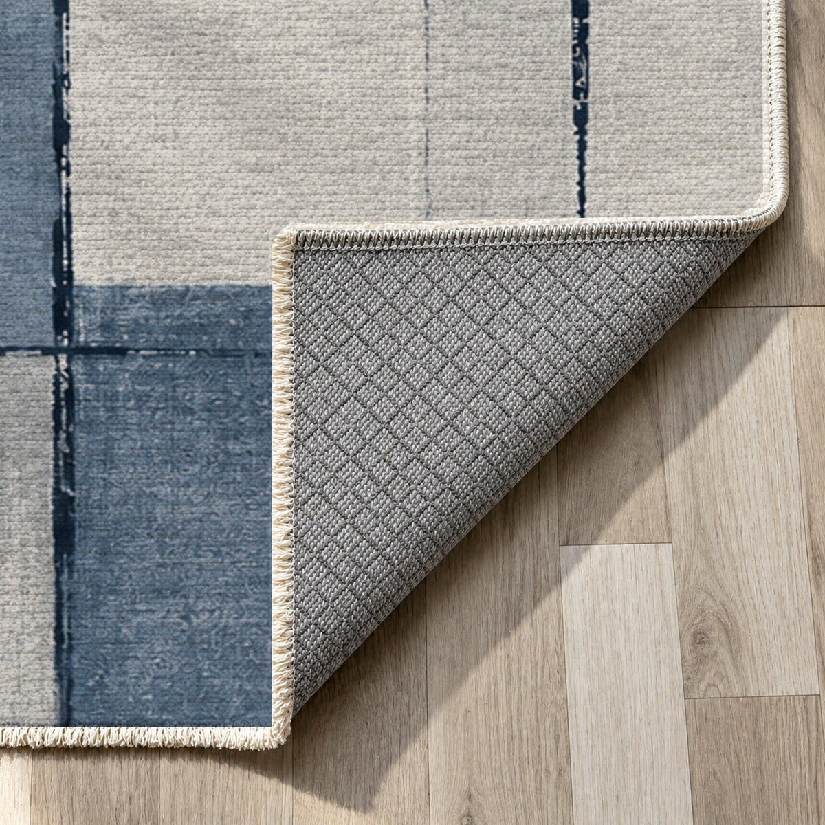 Linen Grid Blue Grey Modern Washable Rug — backing close up