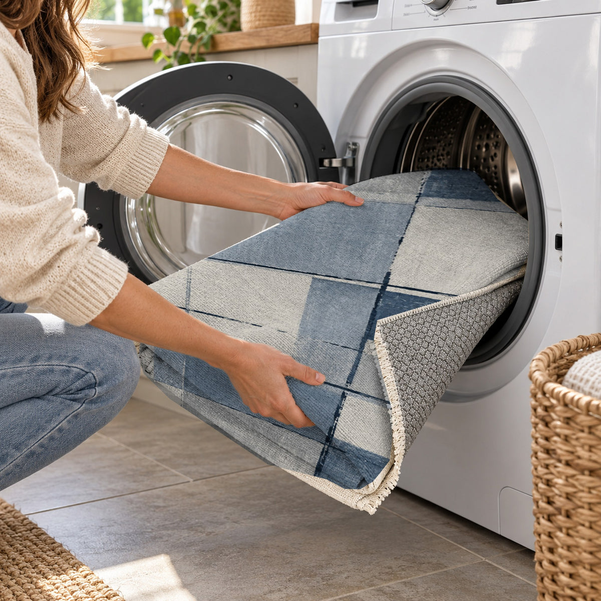 Linen Grid Blue Grey Modern Washable Rug — washing machine