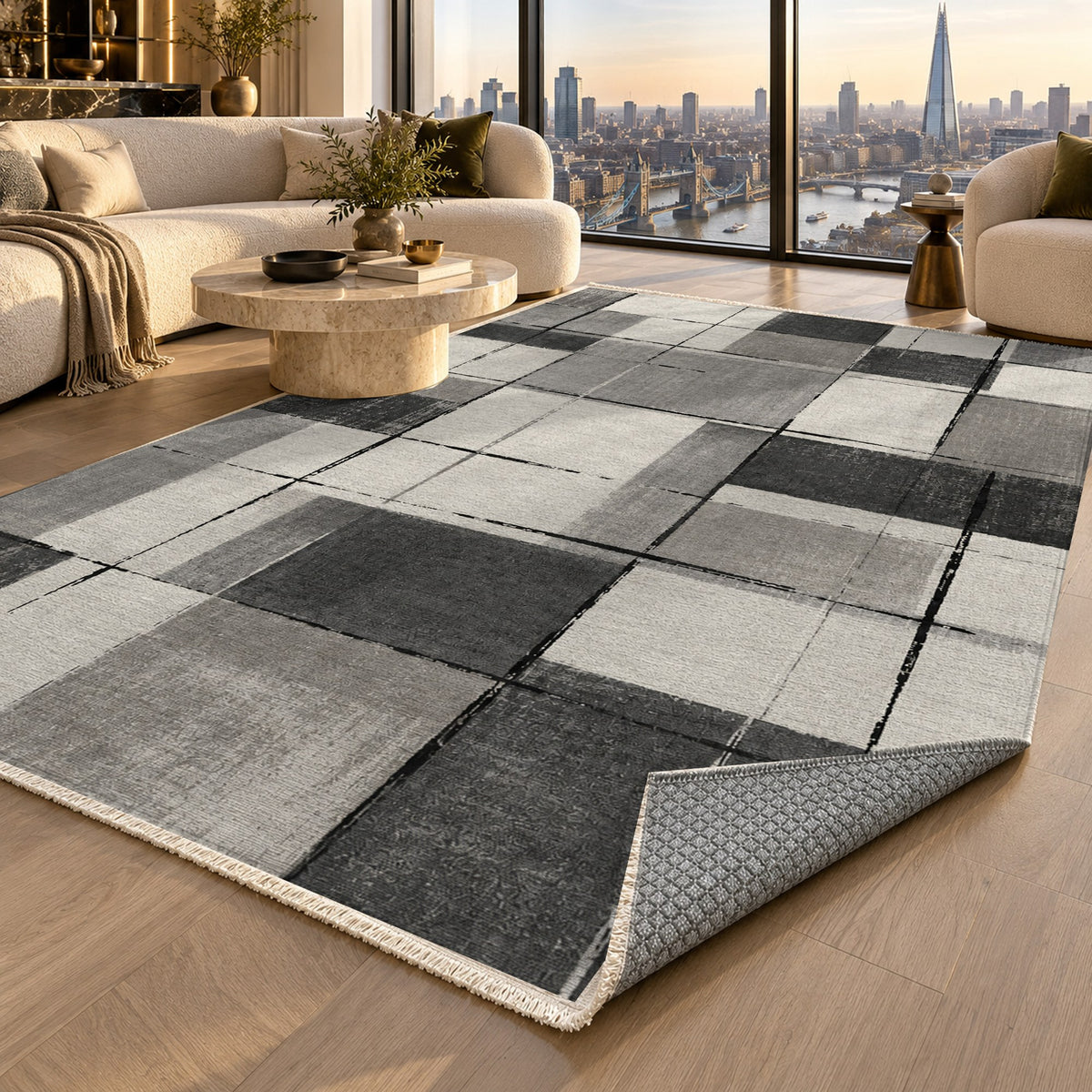 Linen Grid Charcoal Ivory Modern Washable Rug — london luxury living