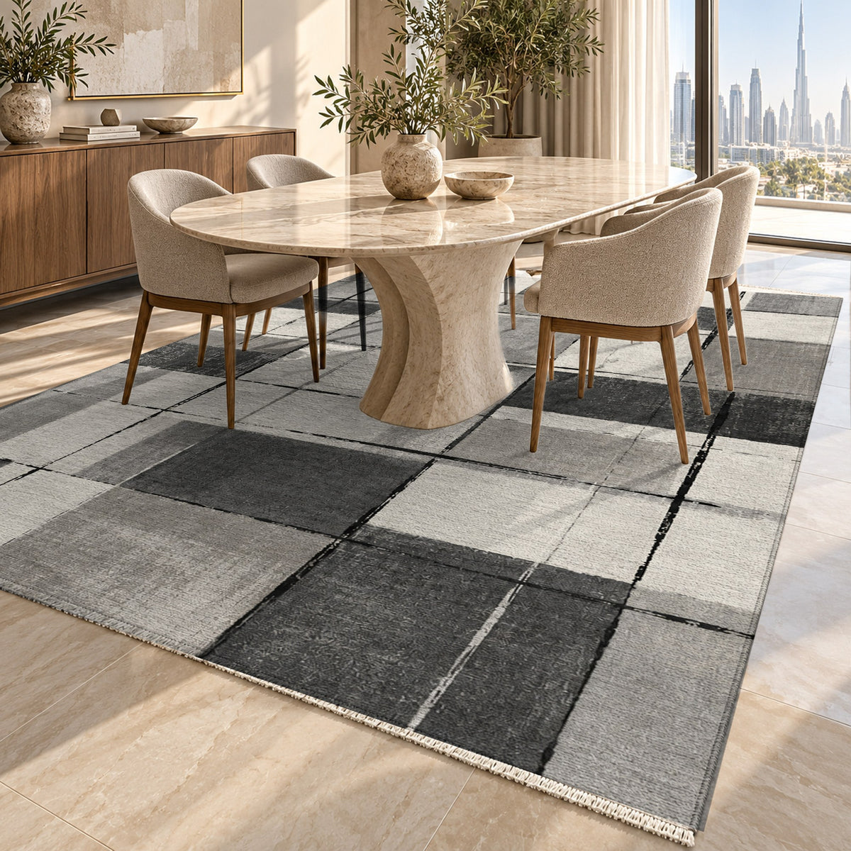 Linen Grid Charcoal Ivory Modern Washable Rug — dubai dining