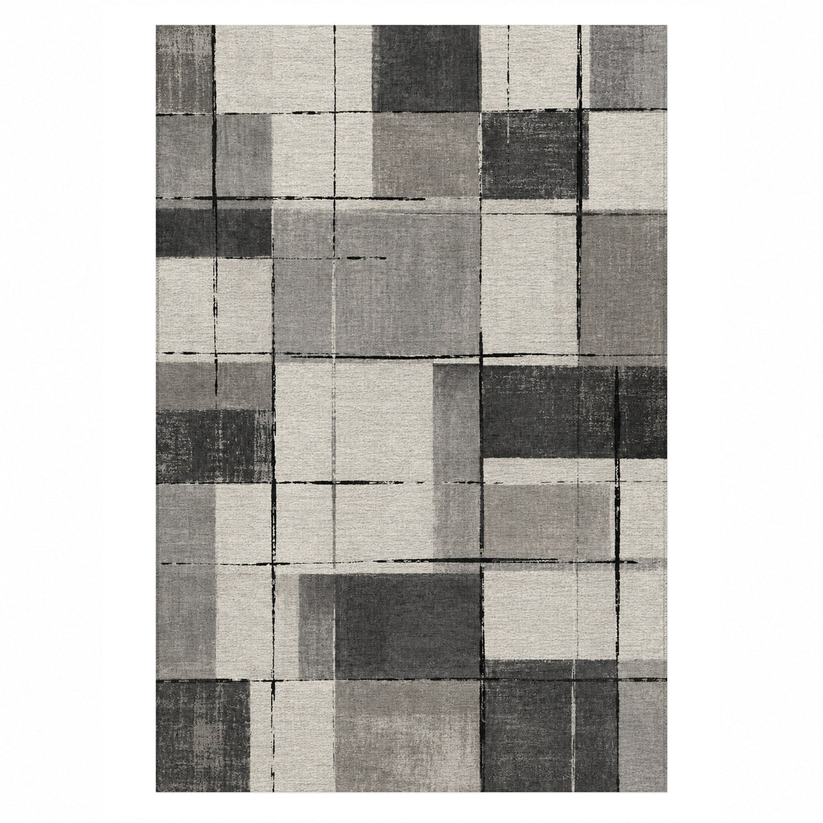 Linen Grid Charcoal Ivory Modern Washable Rug — top view