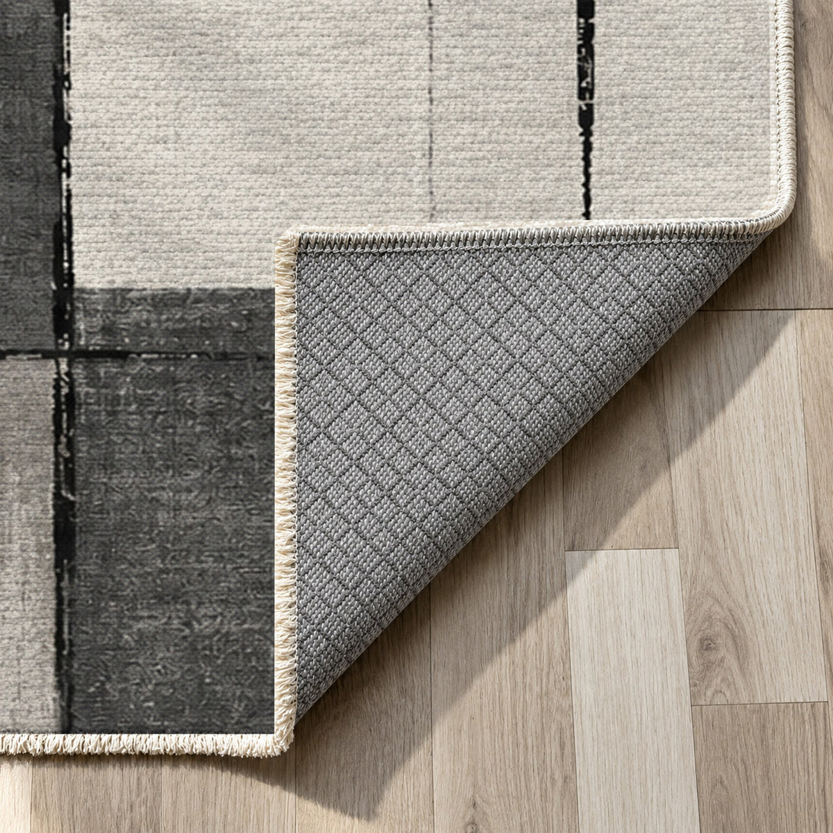 Linen Grid Charcoal Ivory Modern Washable Rug — backing close up