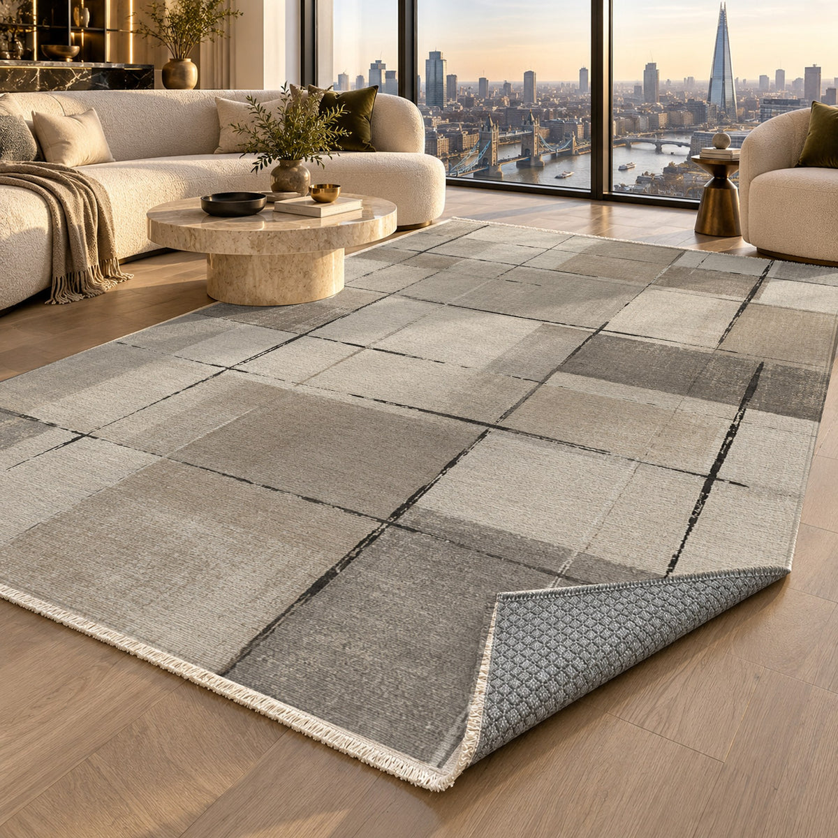 Linen Grid Ivory Taupe Modern Washable Rug — london luxury living