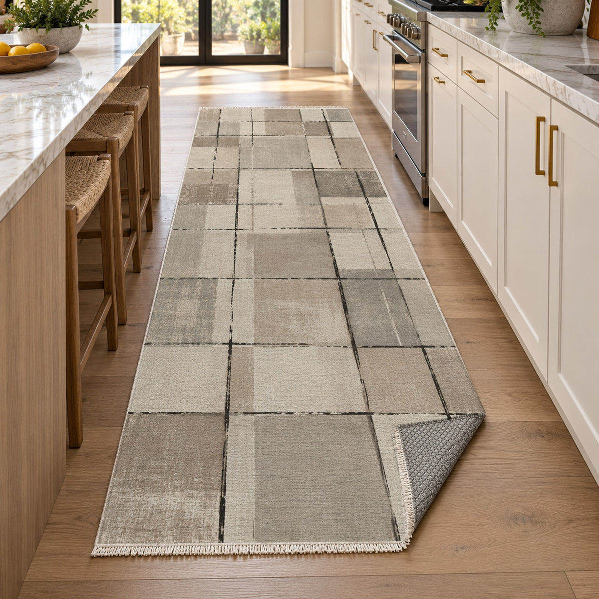 Linen Grid Ivory Taupe Modern Washable Rug — new york kitchen runner