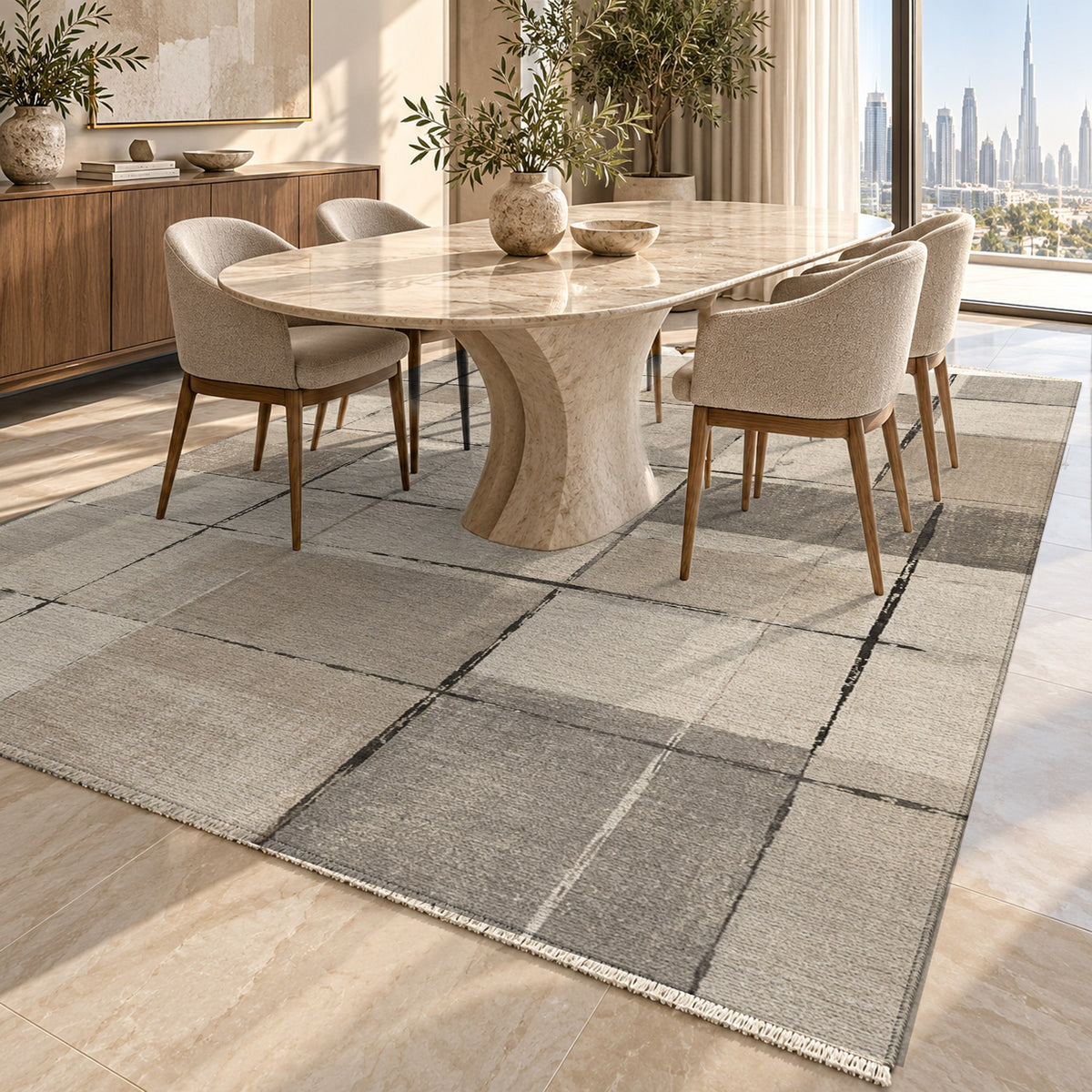 Linen Grid Ivory Taupe Modern Washable Rug — dubai dining
