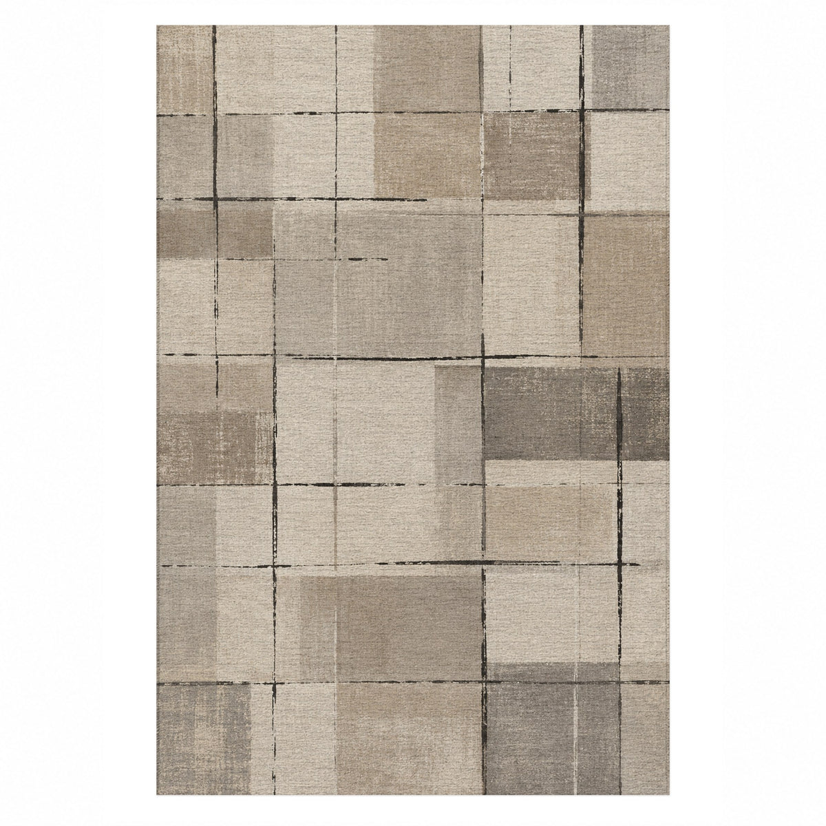 Linen Grid Ivory Taupe Modern Washable Rug — top view