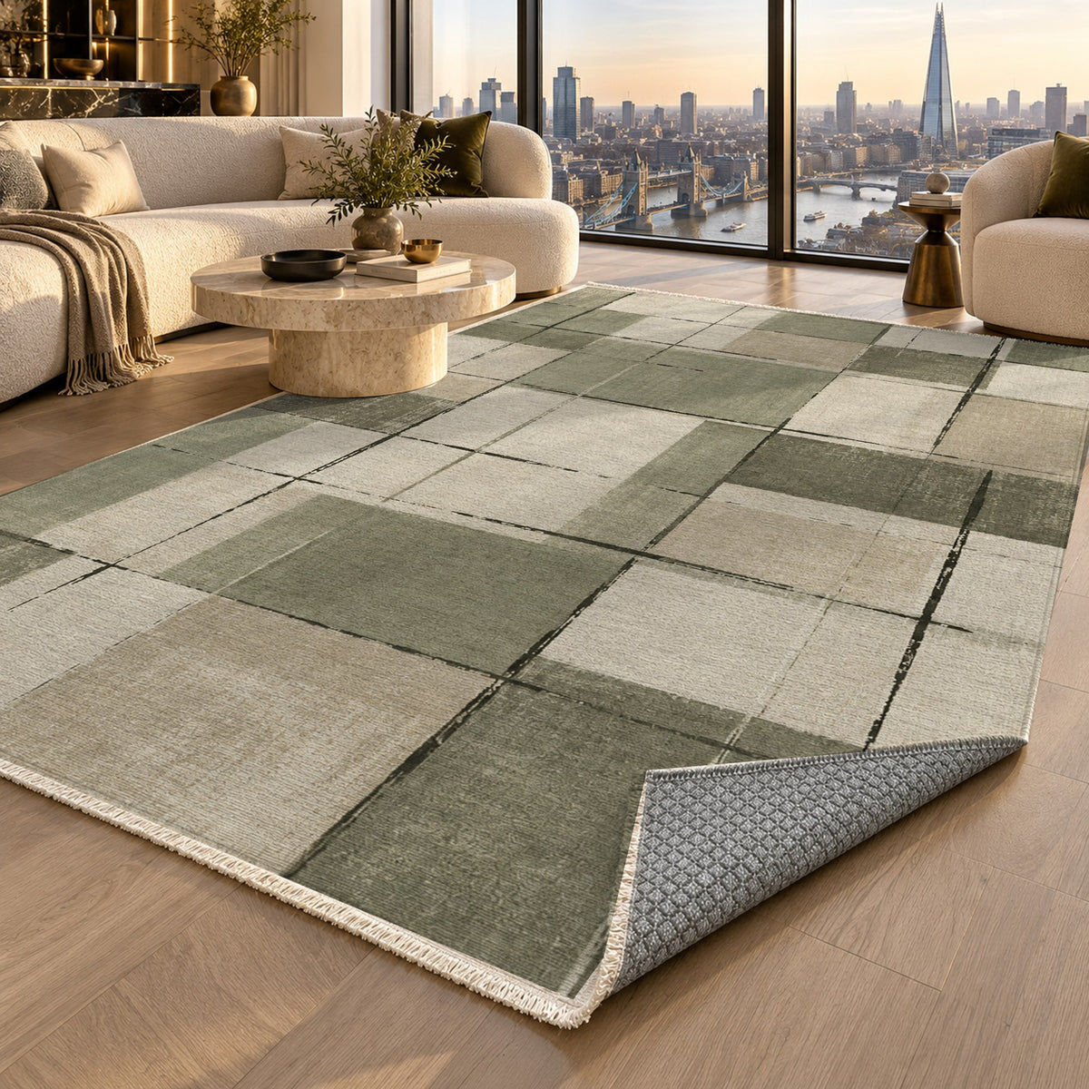 Linen Grid Sage Sand Modern Washable Rug — london luxury living