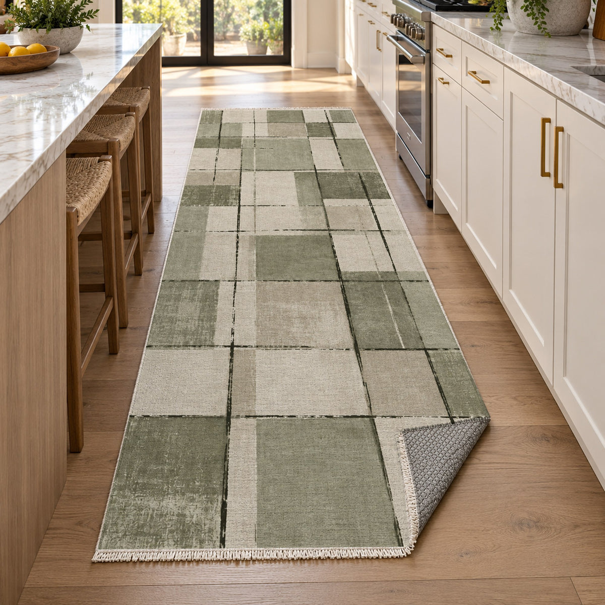 Linen Grid Sage Sand Modern Washable Rug — new york kitchen runner