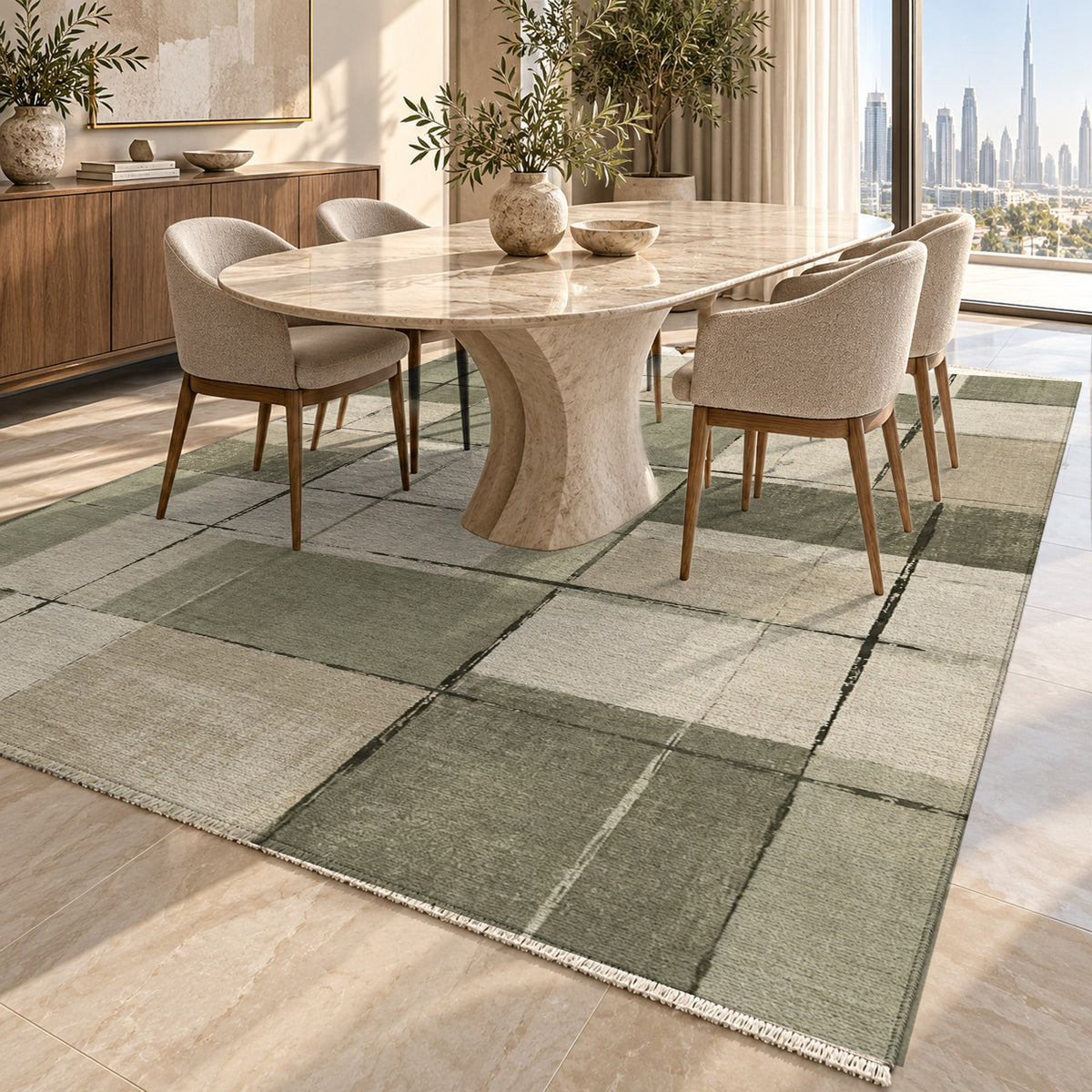 Linen Grid Sage Sand Modern Washable Rug — dubai dining