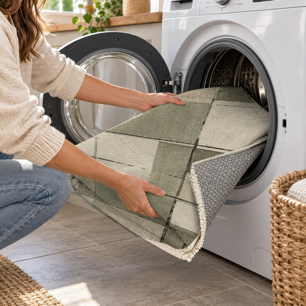 Linen Grid Sage Sand Modern Washable Rug — washing machine