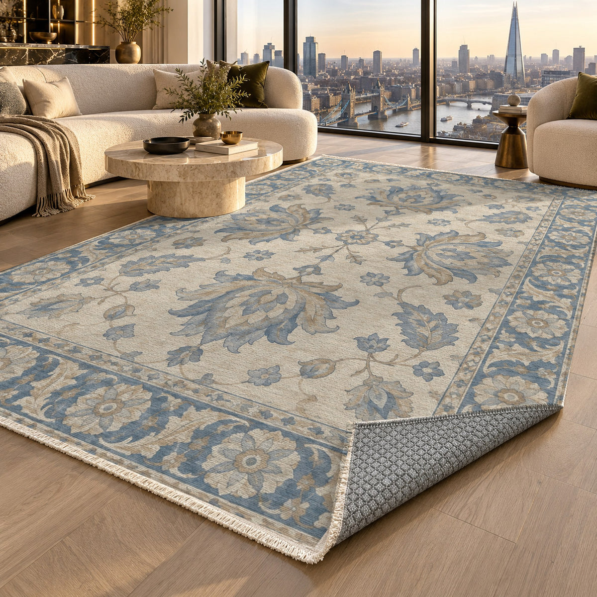 Lotus Courtyard Blue Ivory Classic Washable Rug — london luxury living