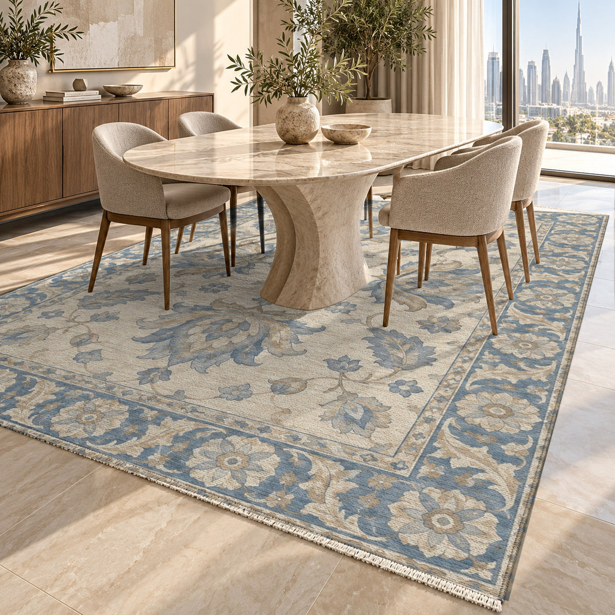 Lotus Courtyard Blue Ivory Classic Washable Rug — dubai dining