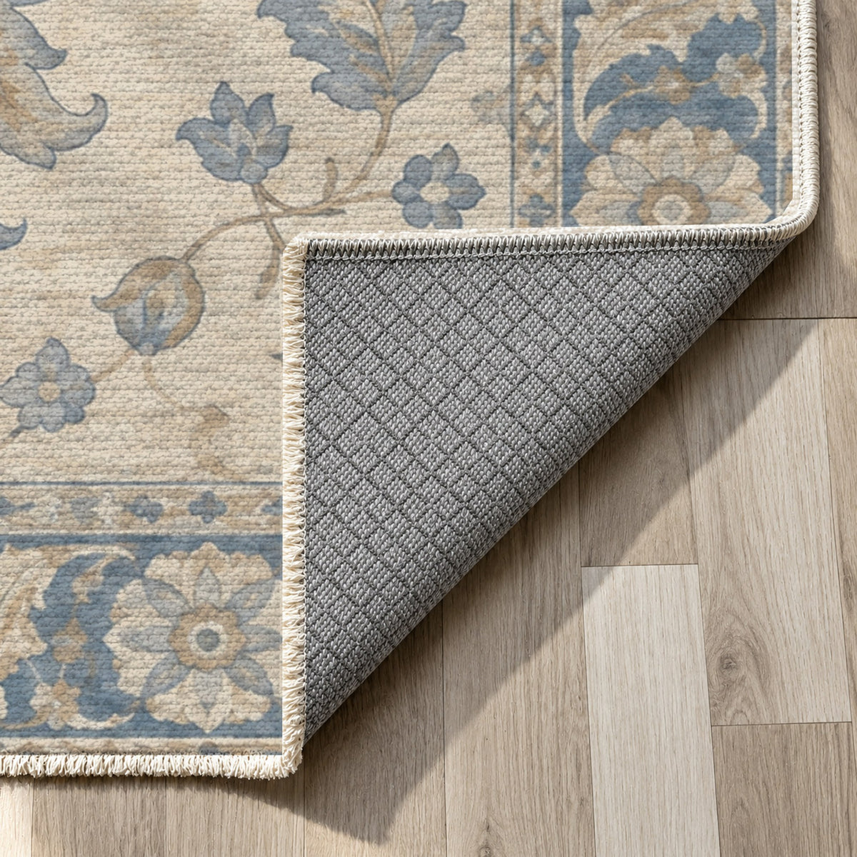 Lotus Courtyard Blue Ivory Classic Washable Rug — backing close up