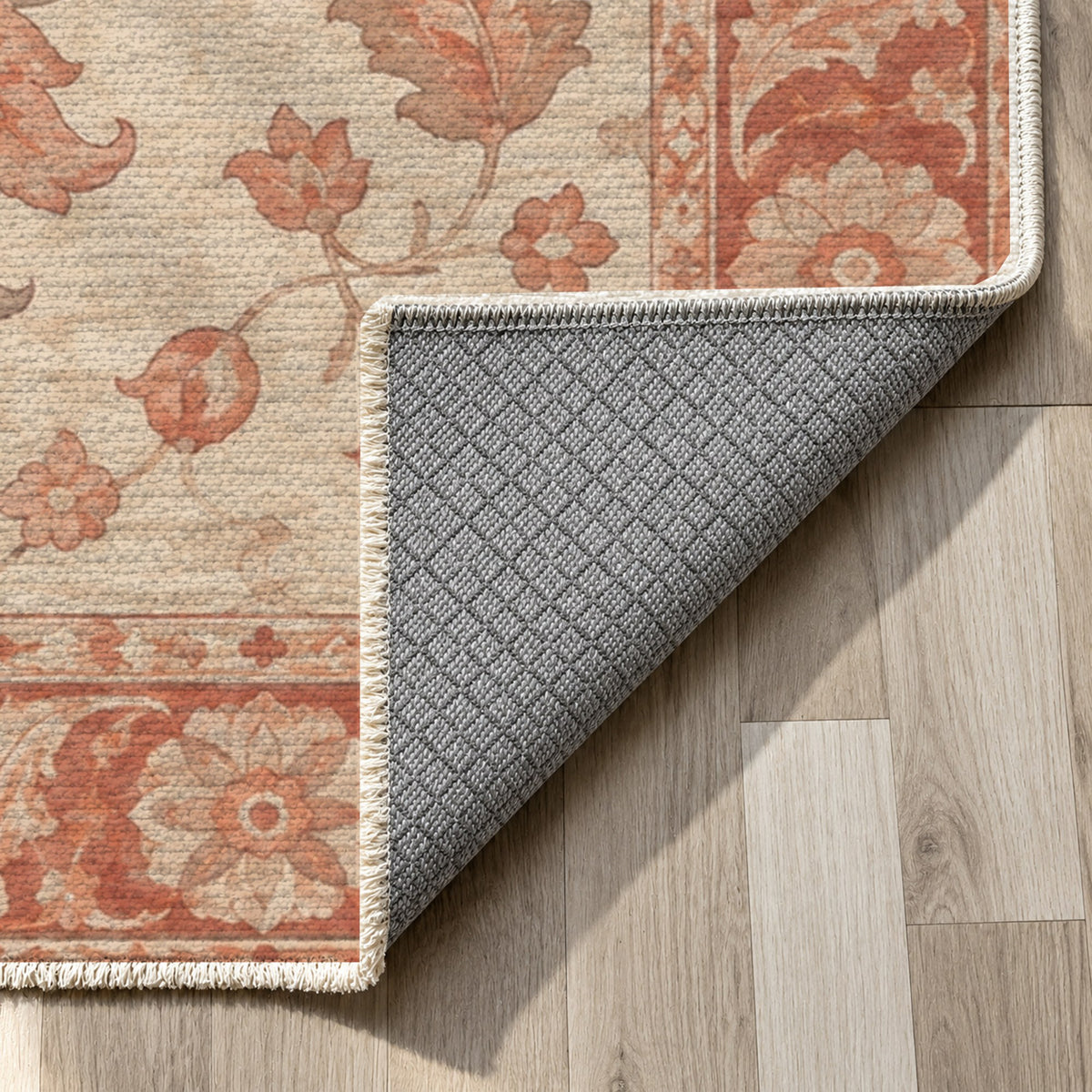 Lotus Courtyard Coral Sand Classic Washable Rug — backing close up