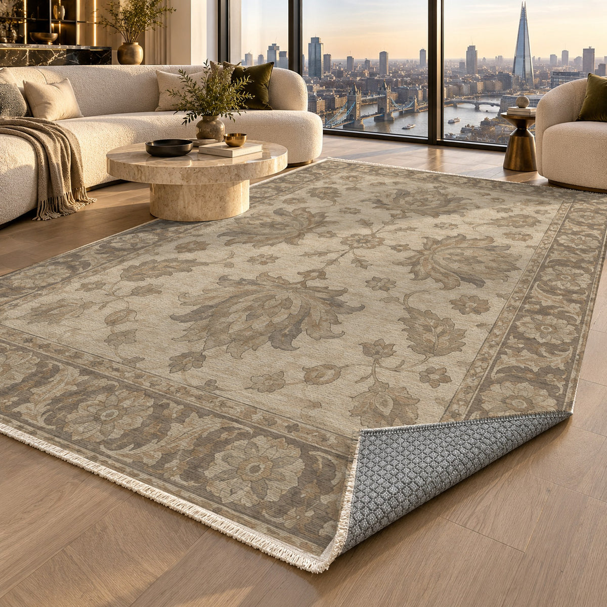 Lotus Courtyard Ivory Taupe Classic Washable Rug — london luxury living