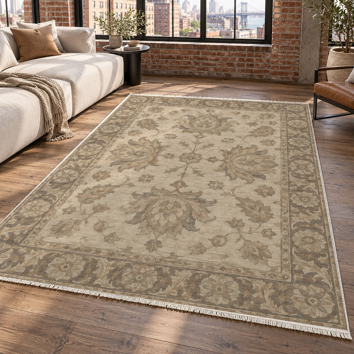 Lotus Courtyard Ivory Taupe Classic Washable Rug — new york living