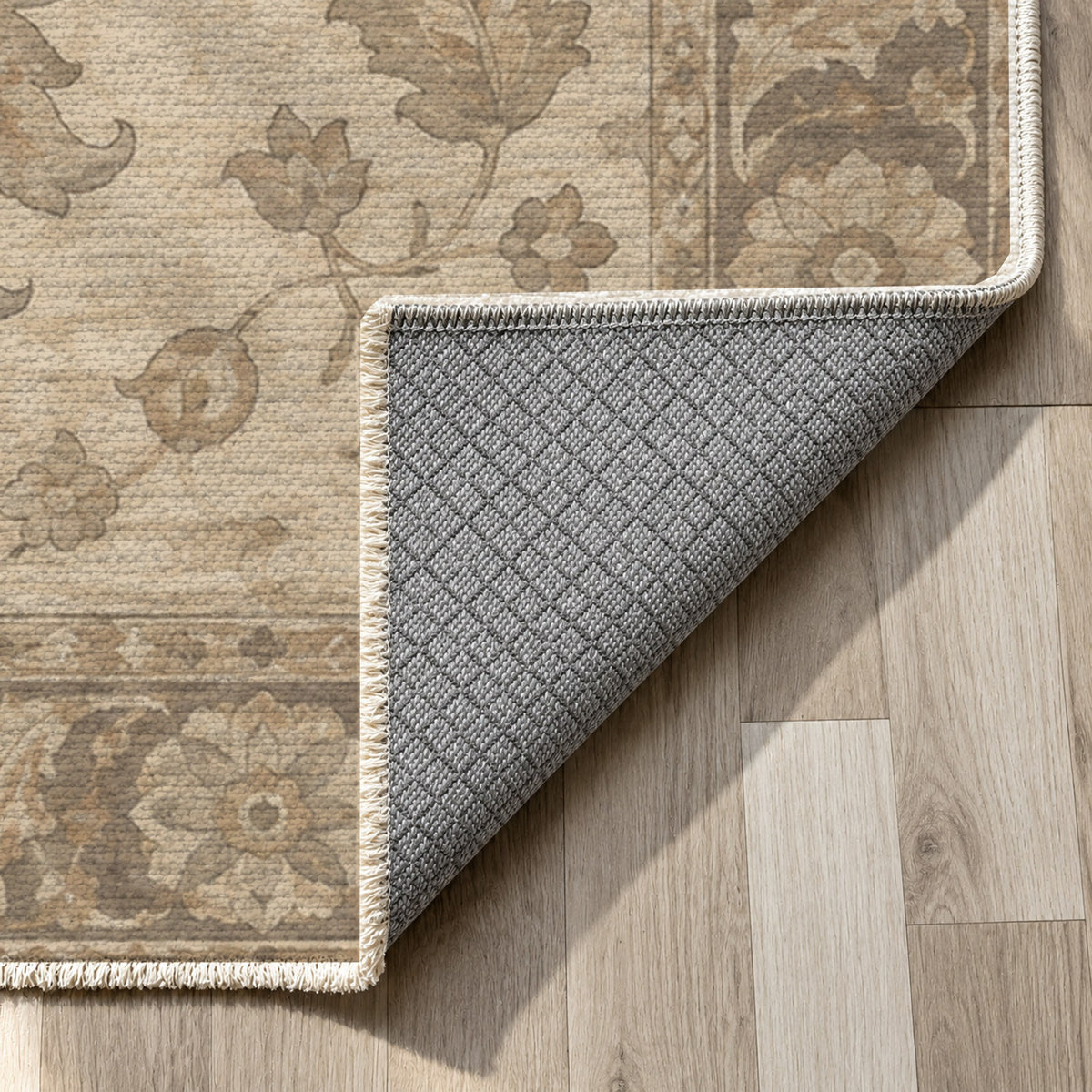 Lotus Courtyard Ivory Taupe Classic Washable Rug — backing close up