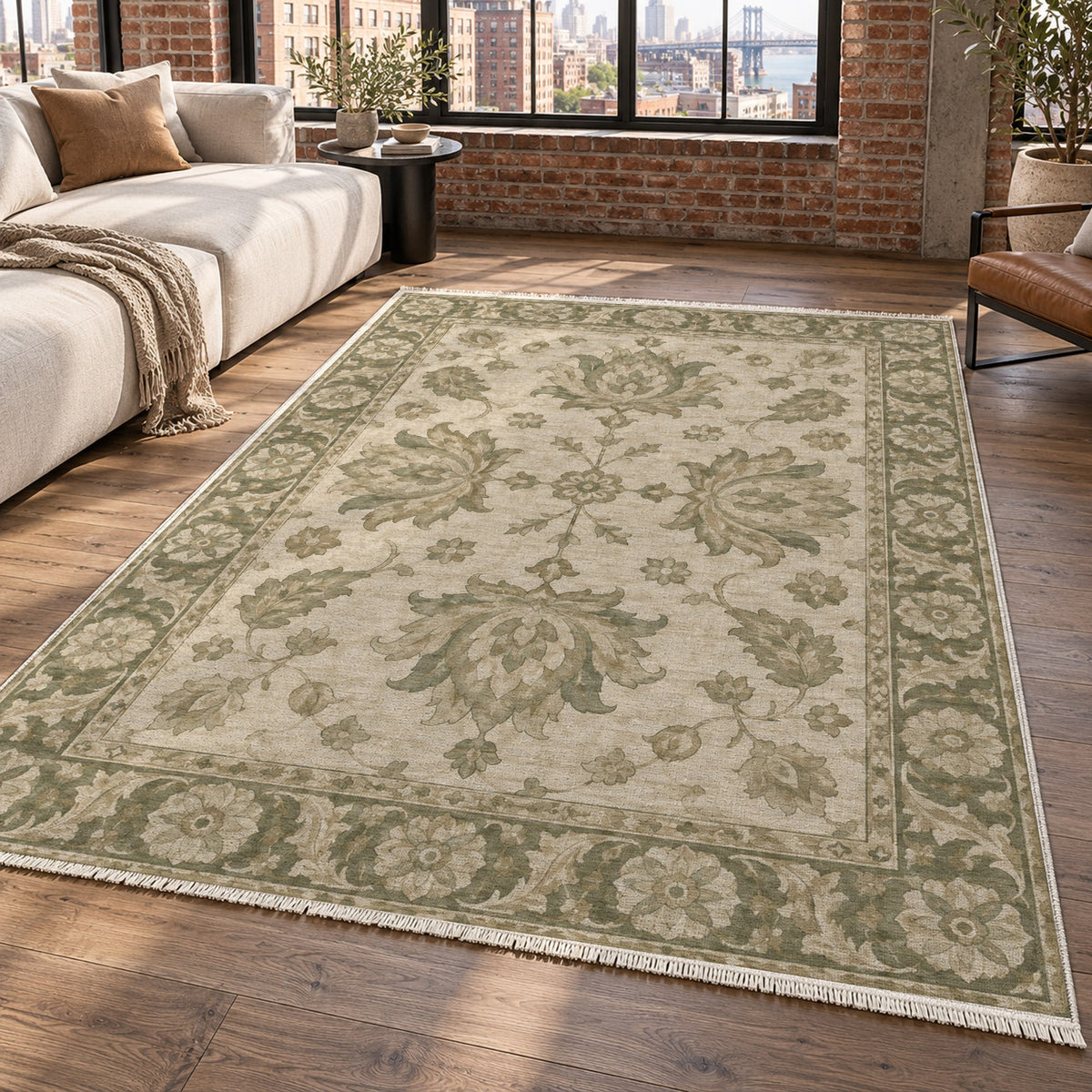 Lotus Courtyard Sage Cream Classic Washable Rug — new york living