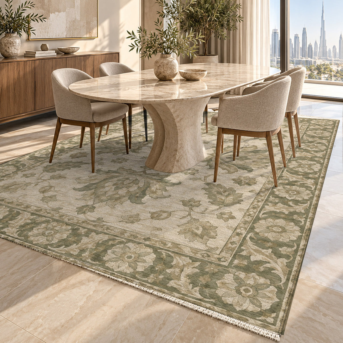 Lotus Courtyard Sage Cream Classic Washable Rug — dubai dining