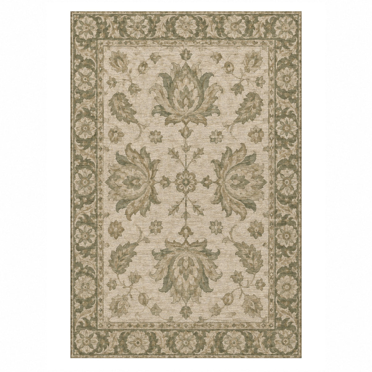 Lotus Courtyard Sage Cream Classic Washable Rug — top view
