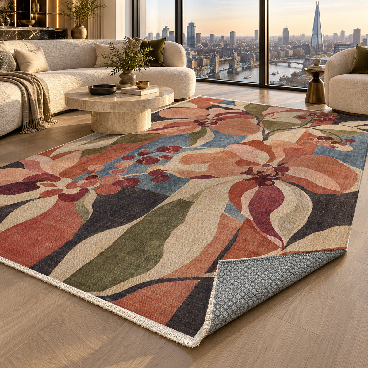Magnolia Peach Floral Washable Rug — london luxury living