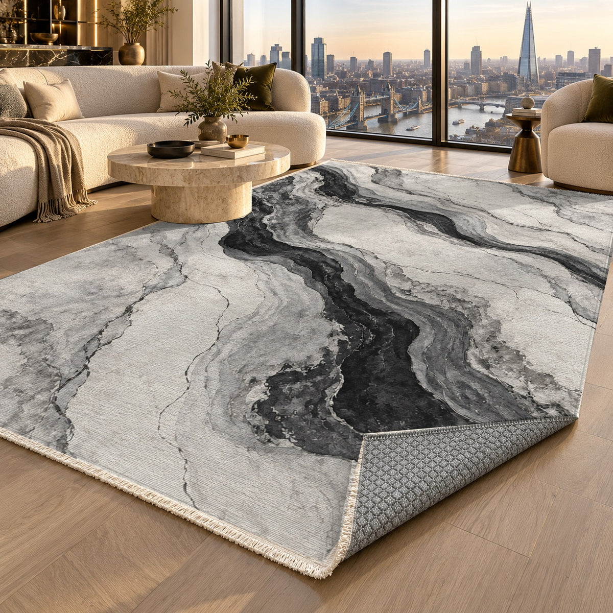 Marble Veins Charcoal Abstract Washable Rug — london luxury living