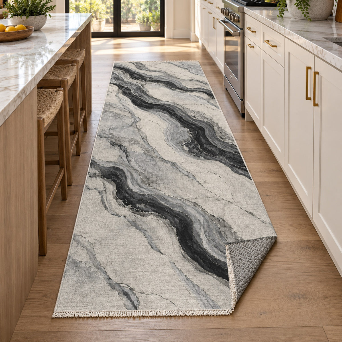 Marble Veins Charcoal Abstract Washable Rug — new york kitchen runner