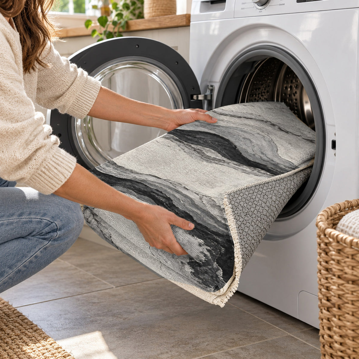 Marble Veins Charcoal Abstract Washable Rug — washing machine
