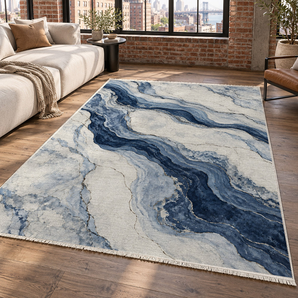 Marble Veins Indigo Abstract Washable Rug — new york living