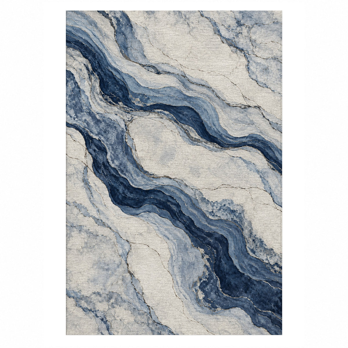 Marble Veins Indigo Abstract Washable Rug — top view