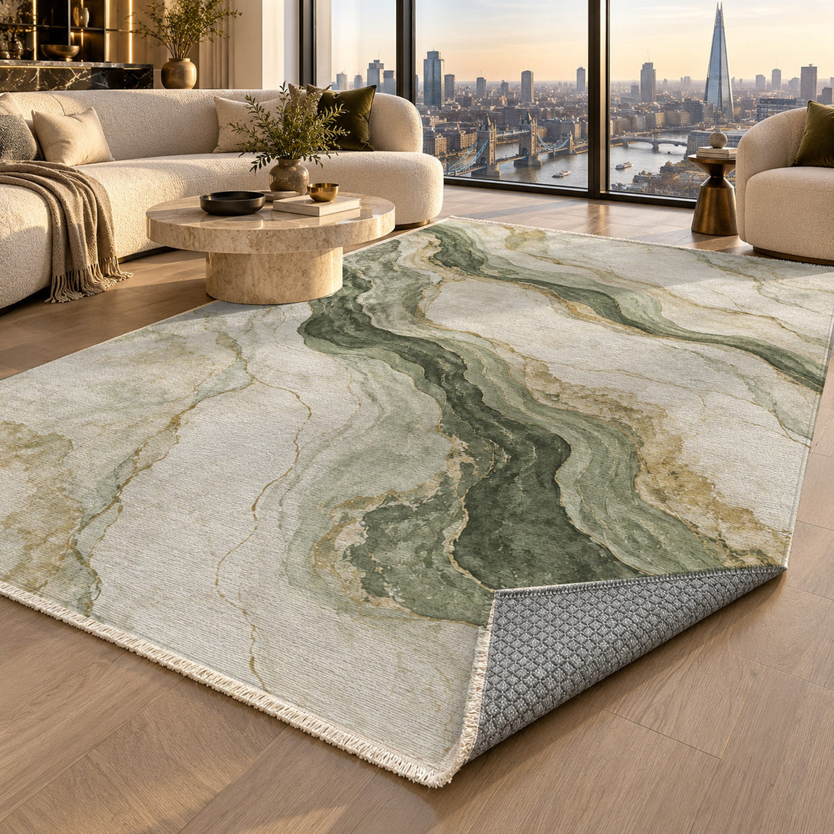 Marble Veins Sage Abstract Washable Rug — london luxury living