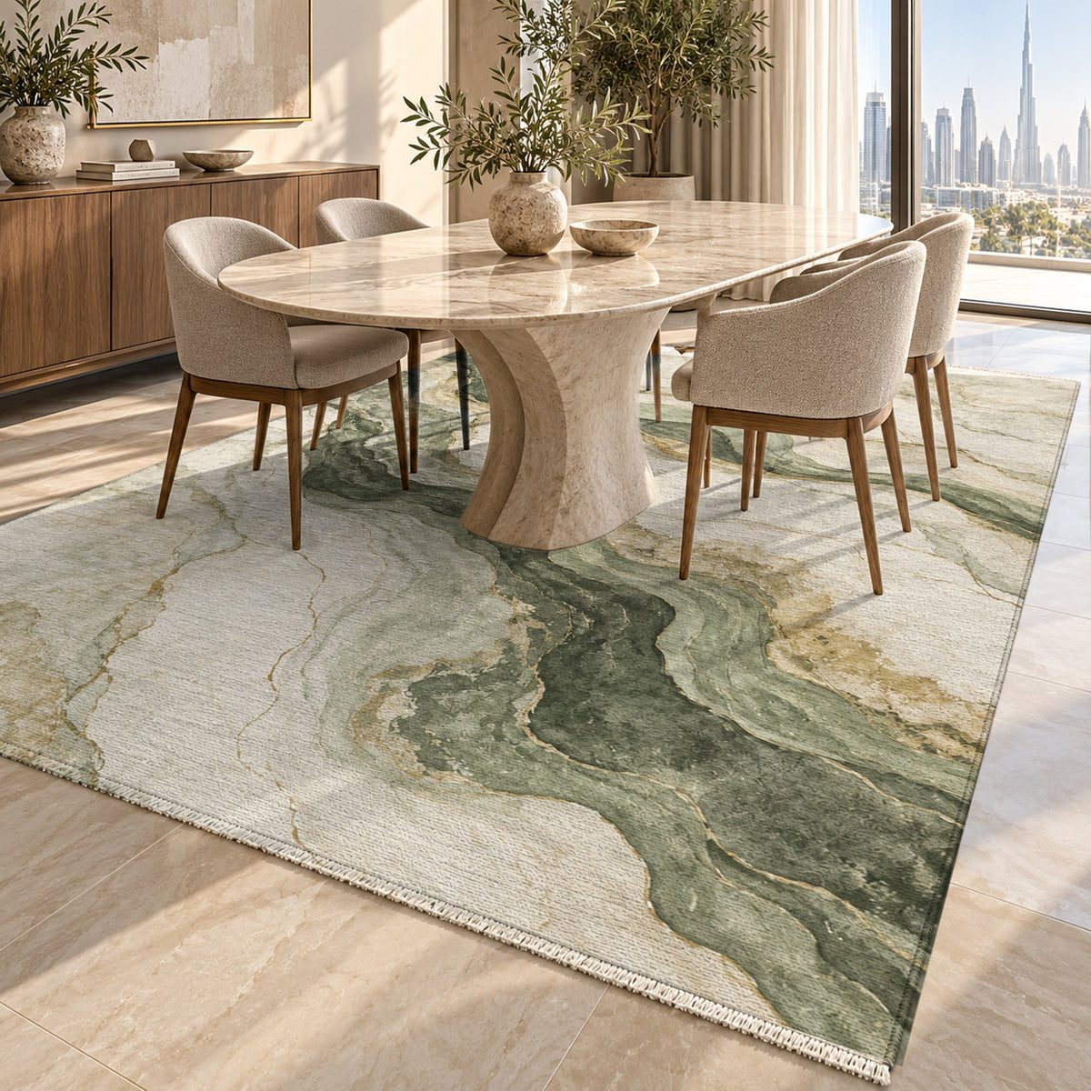 Marble Veins Sage Abstract Washable Rug — dubai dining